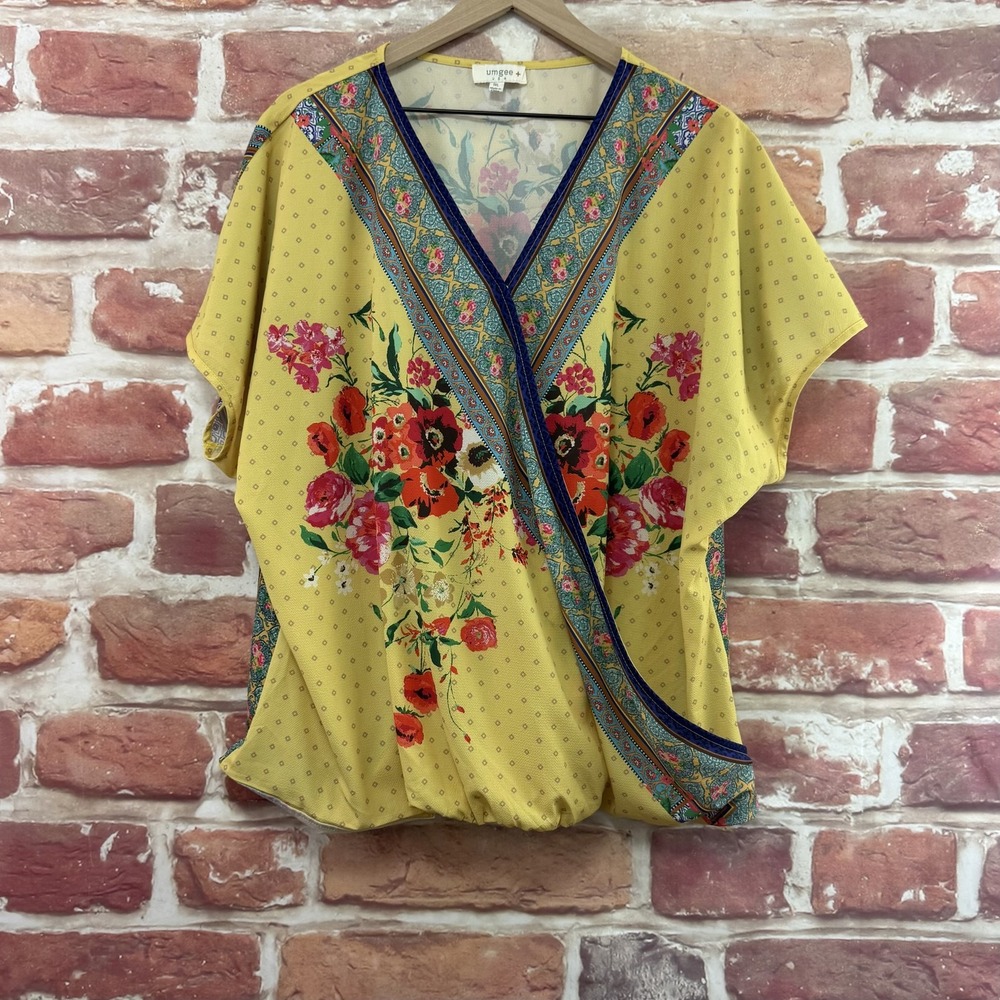 Umgee Top Women's 1X Yellow Boho Garden Floral Surplice Wrap Casual Shirt